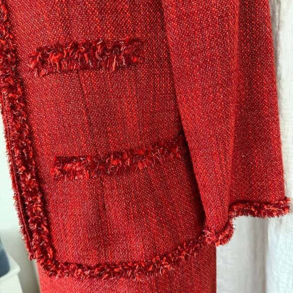 Vintage 90s Kasper Red-Orange Fringed Tweed Blazer & Skirt Suit Set, Size Medium - Picture 11 of 11